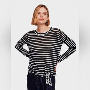 White + Warren Striped Knotted Linen Sweater  in Black & White
